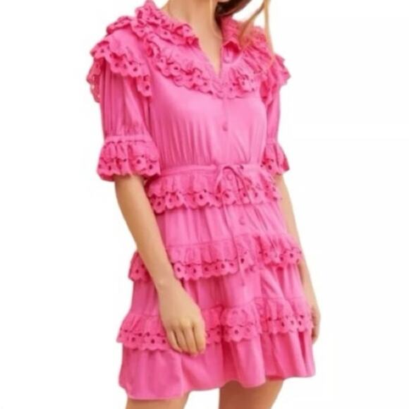CeliaB Hot Pink Eyelet Ruffle Mini Dress Size Medium - Picture 11 of 12